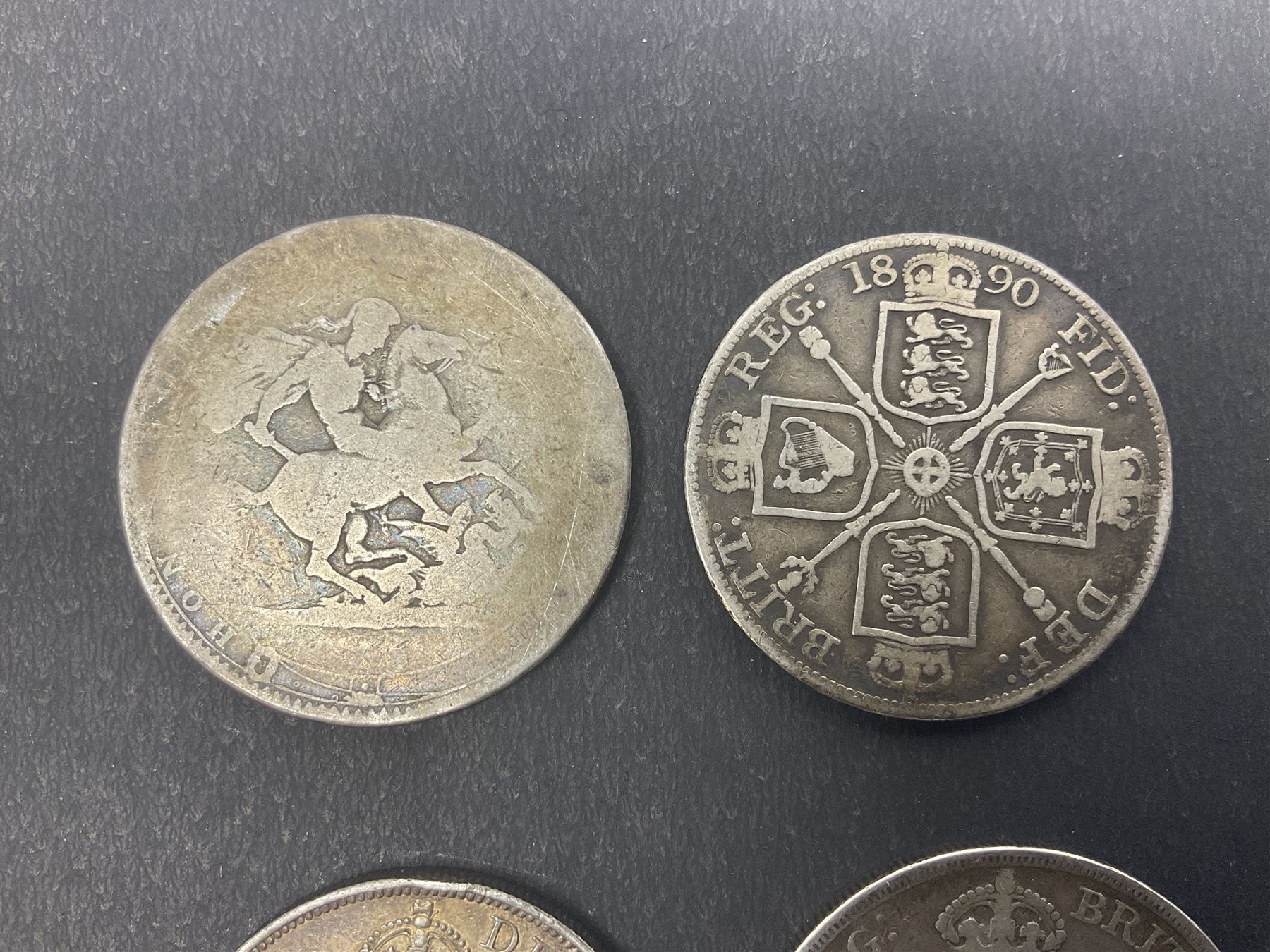 Queen Victoria 1889 silver crown coin, two double florins dated 1887, 1890 and a George III crown with illegible date (4)