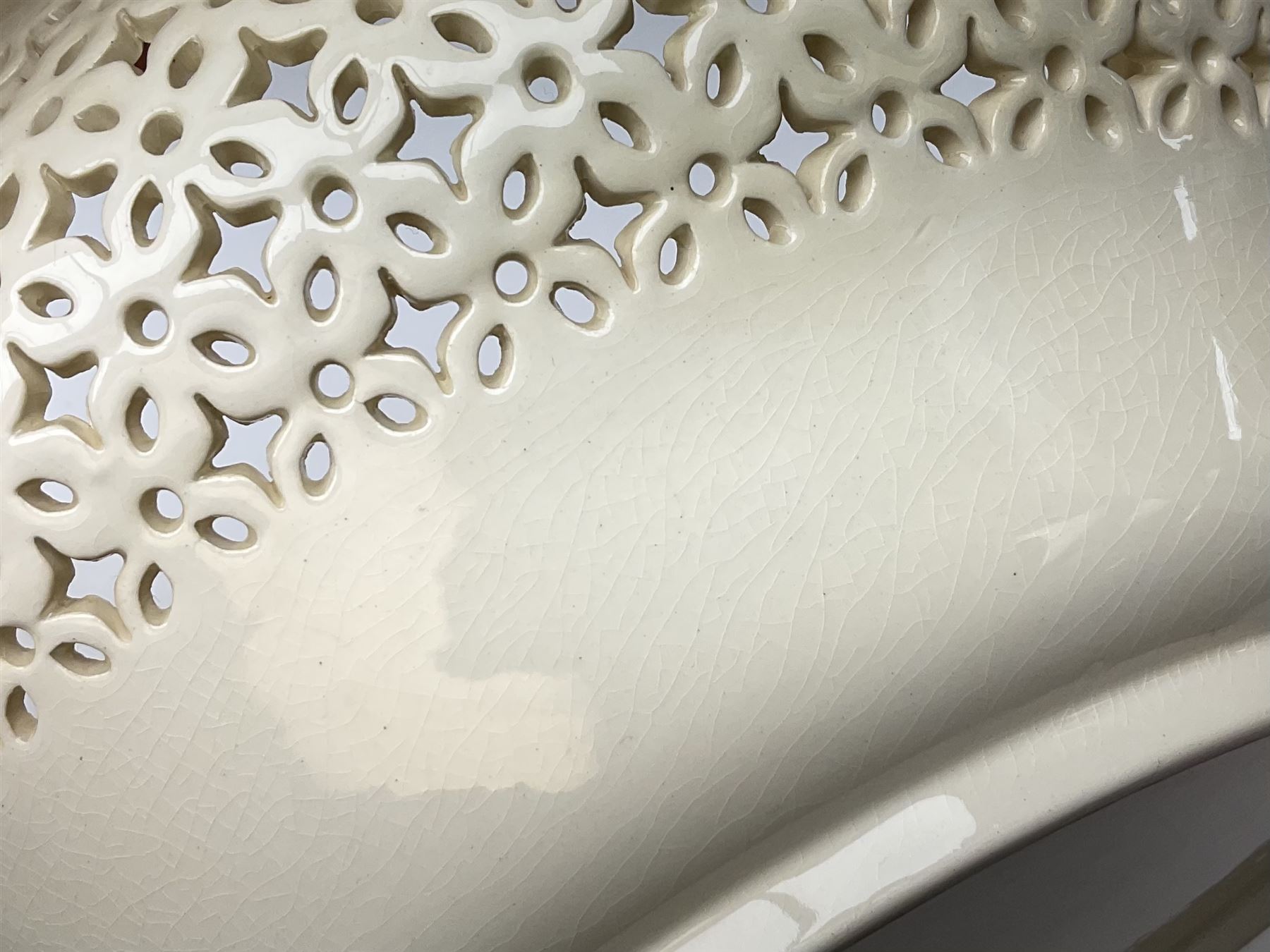 Large 20th century Leeds pottery basket and cover, of bulbous form with pierced detail and twin rope handle, with impressed mark beneath, H23cm D25cm