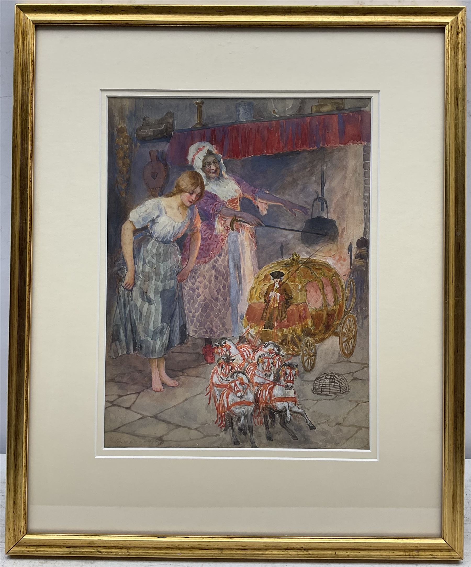 William Henry Margetson (British 1861-1940): Cinderella and the Fairy Godmother, original watercolour and gouache book illustration signed 29cm x 22cm, together with 'Stories from Grimm' illustrated Edwardian book pub. Thomas Nelson and Sons (2)