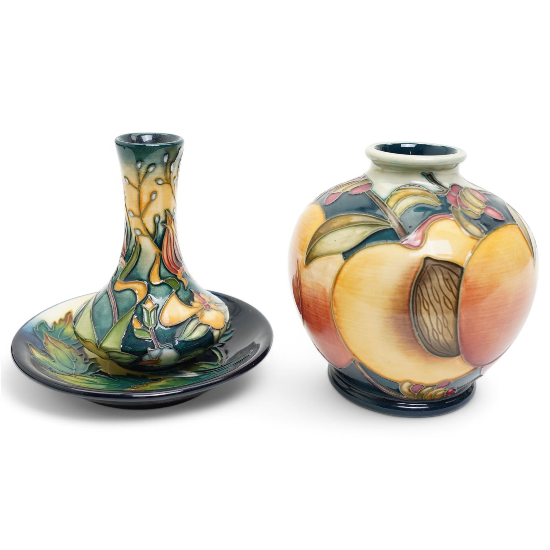 Moorcroft Peaches pattern globular vase from the Mediterranean series H11cm, Ingleswood saucer dish designed by Philip Gibson and a Prairie Summer vase H10cm (3) 
