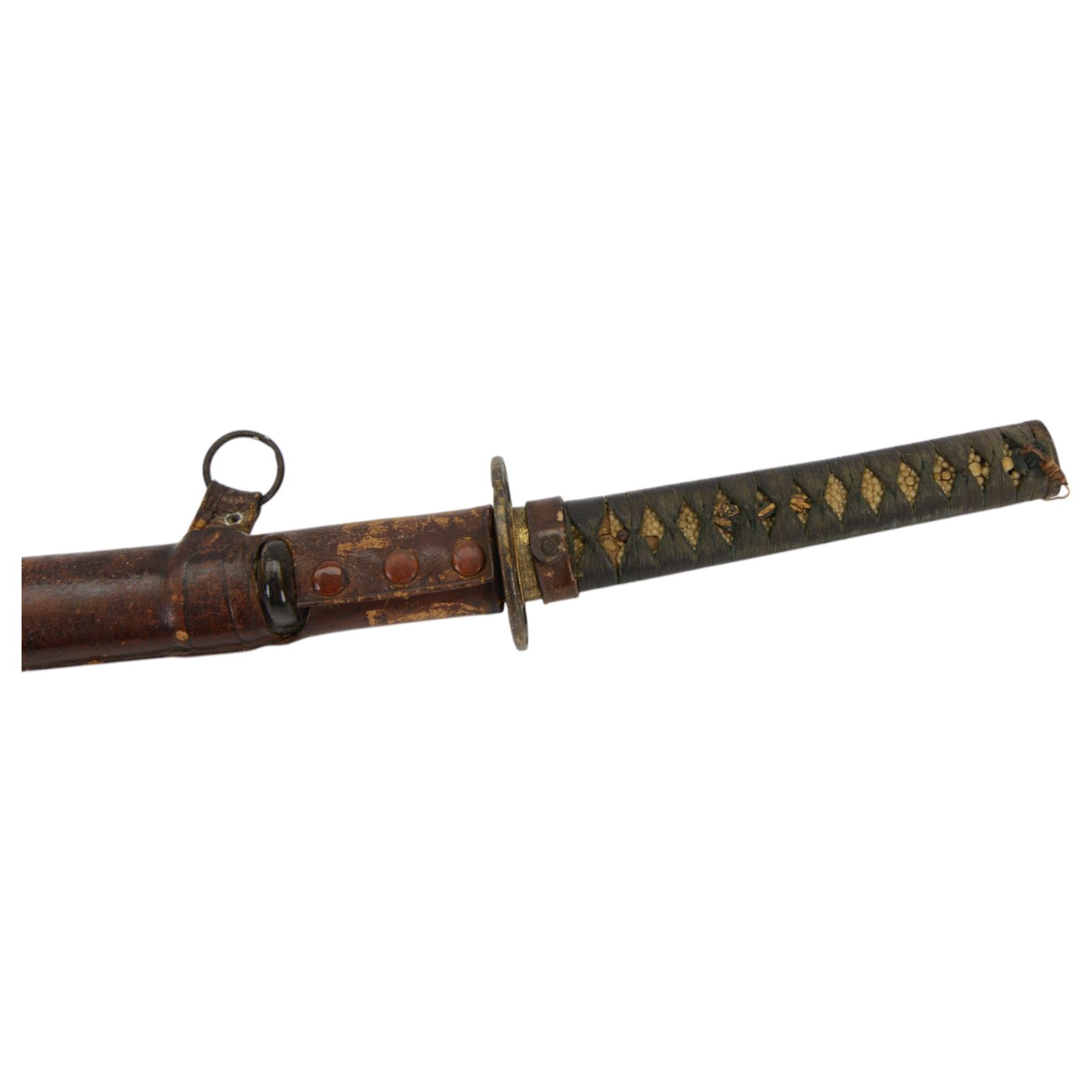 Japanese Army Officers Gunto Sword,  with 64cm steel single edged blade, bronze tsuba and wrapped fish skin grip, in leather scabbard overall L87cm