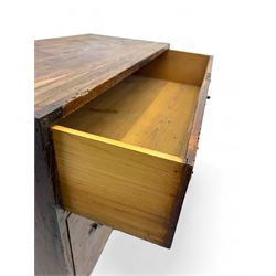 Late 19th century Japanese tansu chest, crafted with a cedar frame and cypress wood panels, original iron fittings throughout, comprising a single long drawer above smaller drawer and hinged cupboard door enclosing two smaller internal drawers and storage compartment, mounted on a bespoke black metal stand