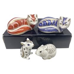 Four Royal Crown Derby paperweights, comprising River Bank Vole, with gold stopper and original box, Rat with gold stopper, Arctic Fox with silver stopper and Red Fox with silver stopper, all with printed mark beneath 