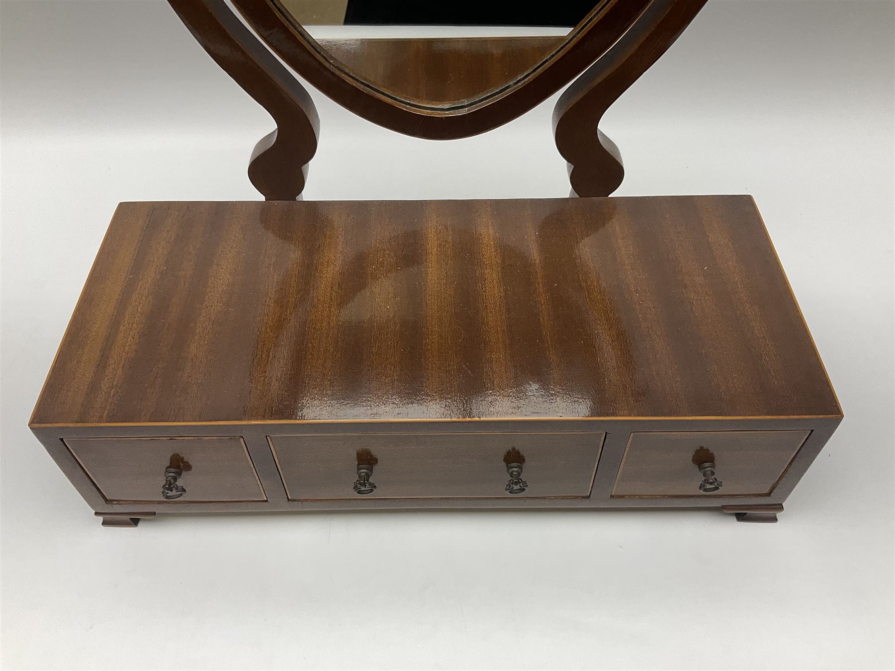 19th century inlaid mahogany dressing table mirror, with three drawers to base, H58cm
