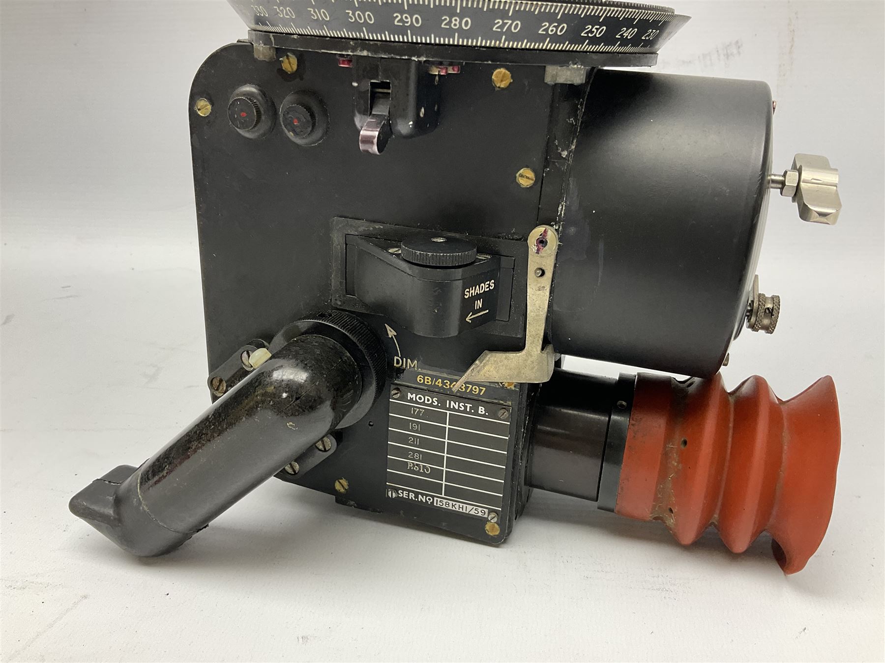 Air Ministry Periscopic Sextant Mk.2B, possibly by Kelvin & Hughes, Ref.No. 6B/2838 Serial No. 158KH1/59, bearing Fenns (Farnborough) Ltd label; in black pyramid shaped stowage case with various labels