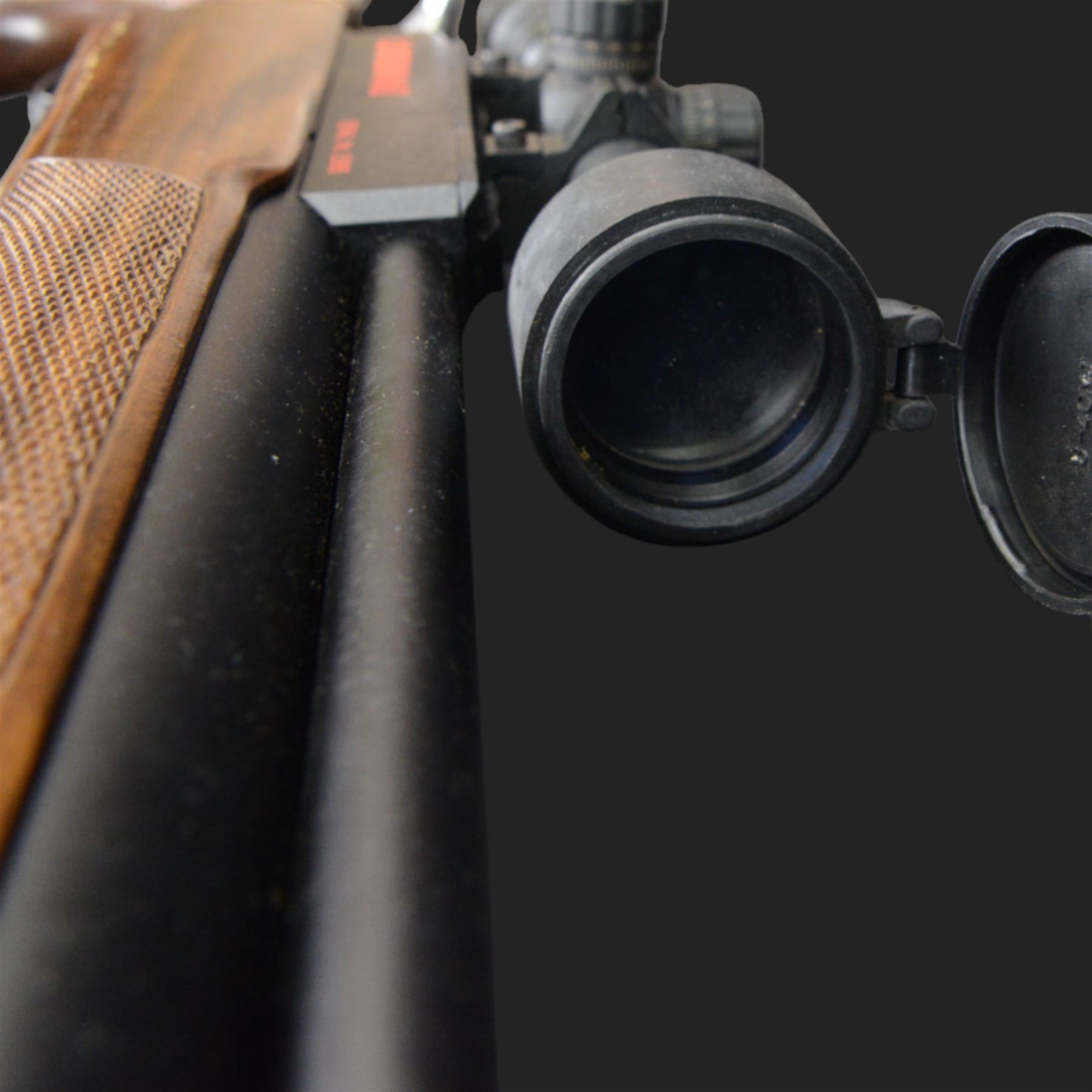 Logun MK2 22 Cal. air rifle, serial no 25885, with ASG fitted sight, bi-pod stand and fitted moderator  