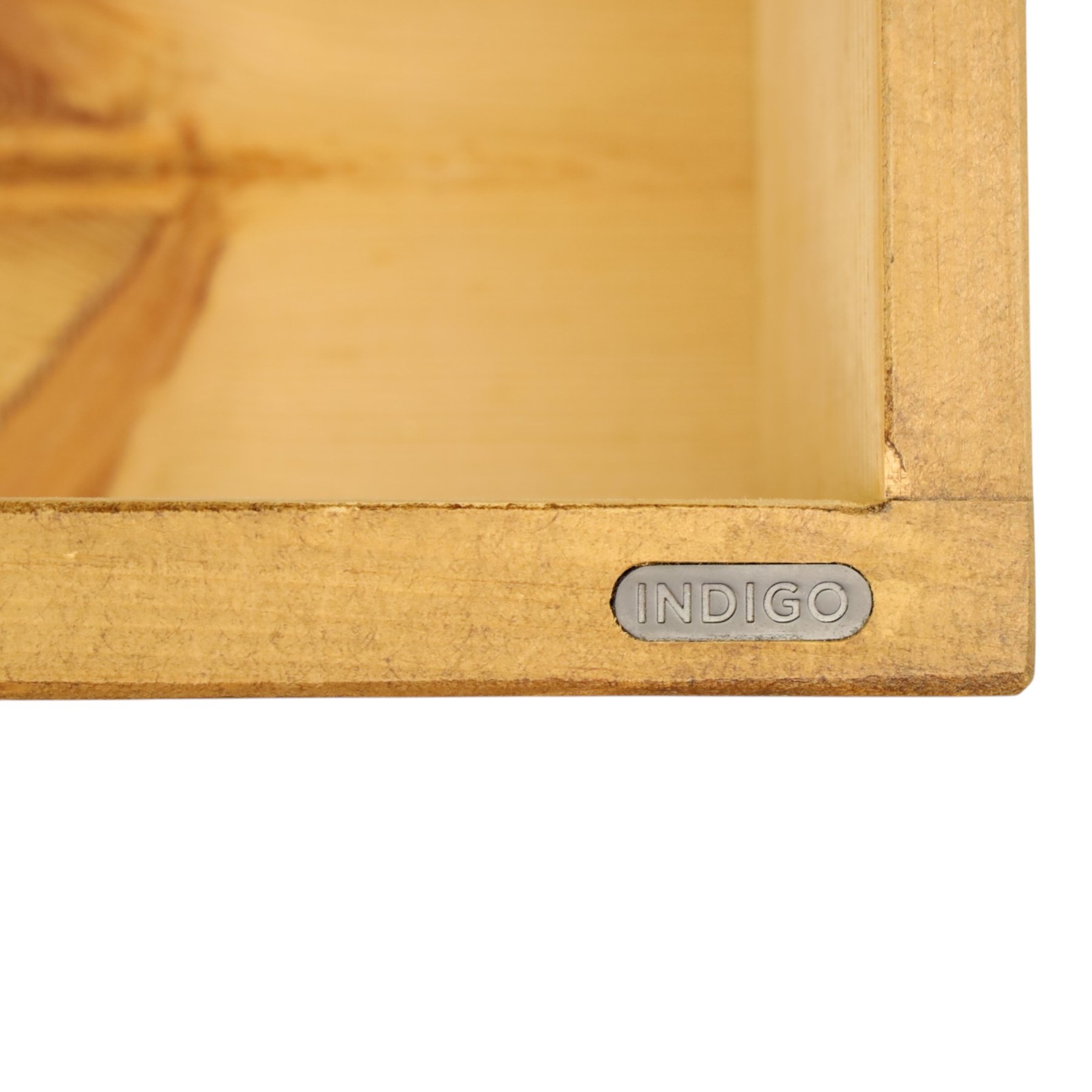 Indigo Furniture - rustic oak media cabinet, rectangular top over open shelf, two drawers fitted to base