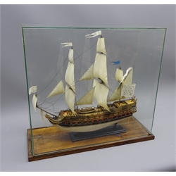  Kit made scale model of the twin masted sailing vessel HMS Phenix, in glazed case, W51cm, 45cm, max  