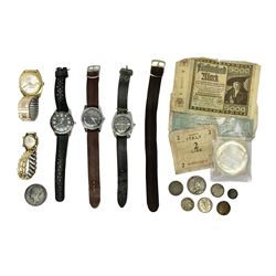 Ladies Lunesa manual wind wristwatch, Seatom automatic wristwatch and three others, together with a collection of coins and banknotes, including an 1885 penny, etc