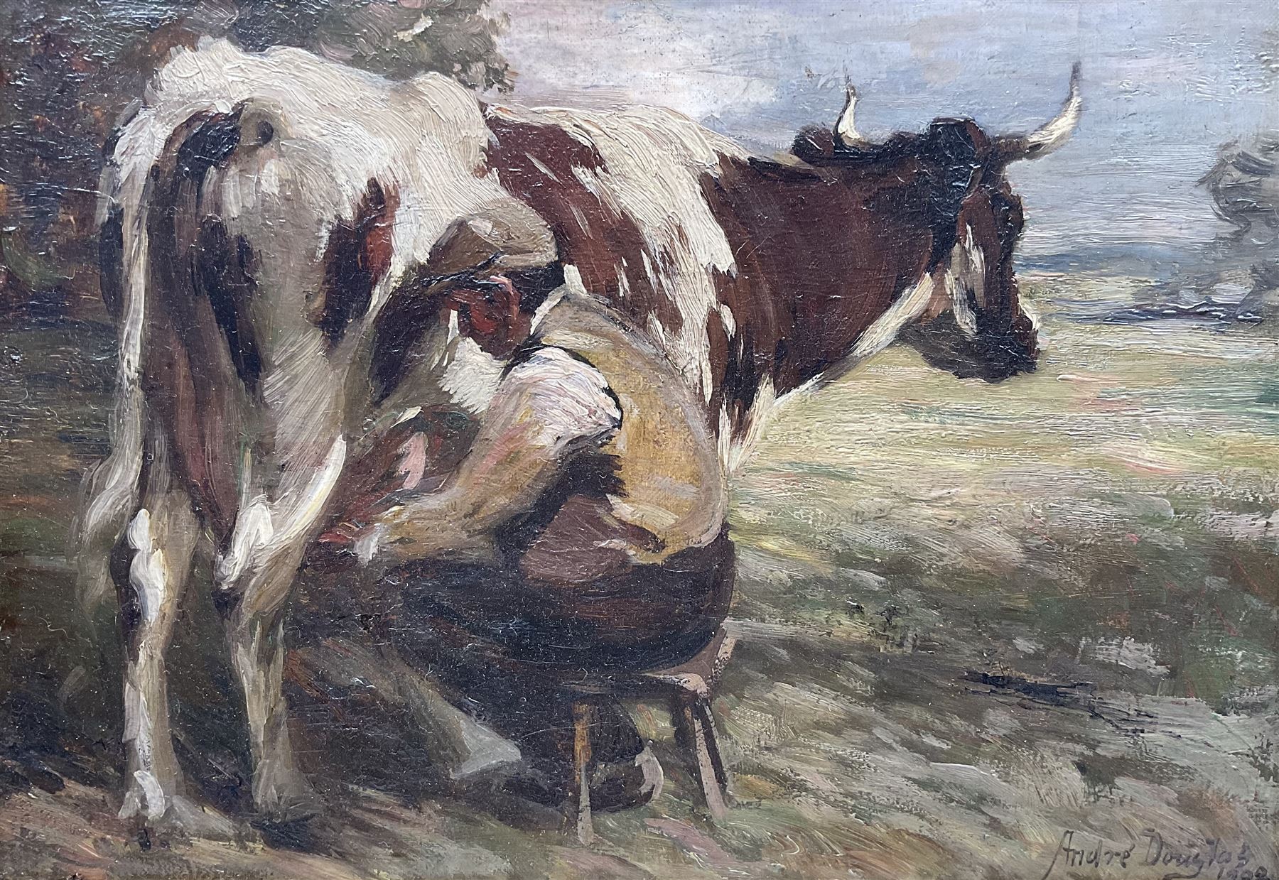 Andrew Douglas RSA (Scottish 1870-1935): Milking Time, oil on canvas signed 'André Douglas' and dated 1902, 26cm x 37cm