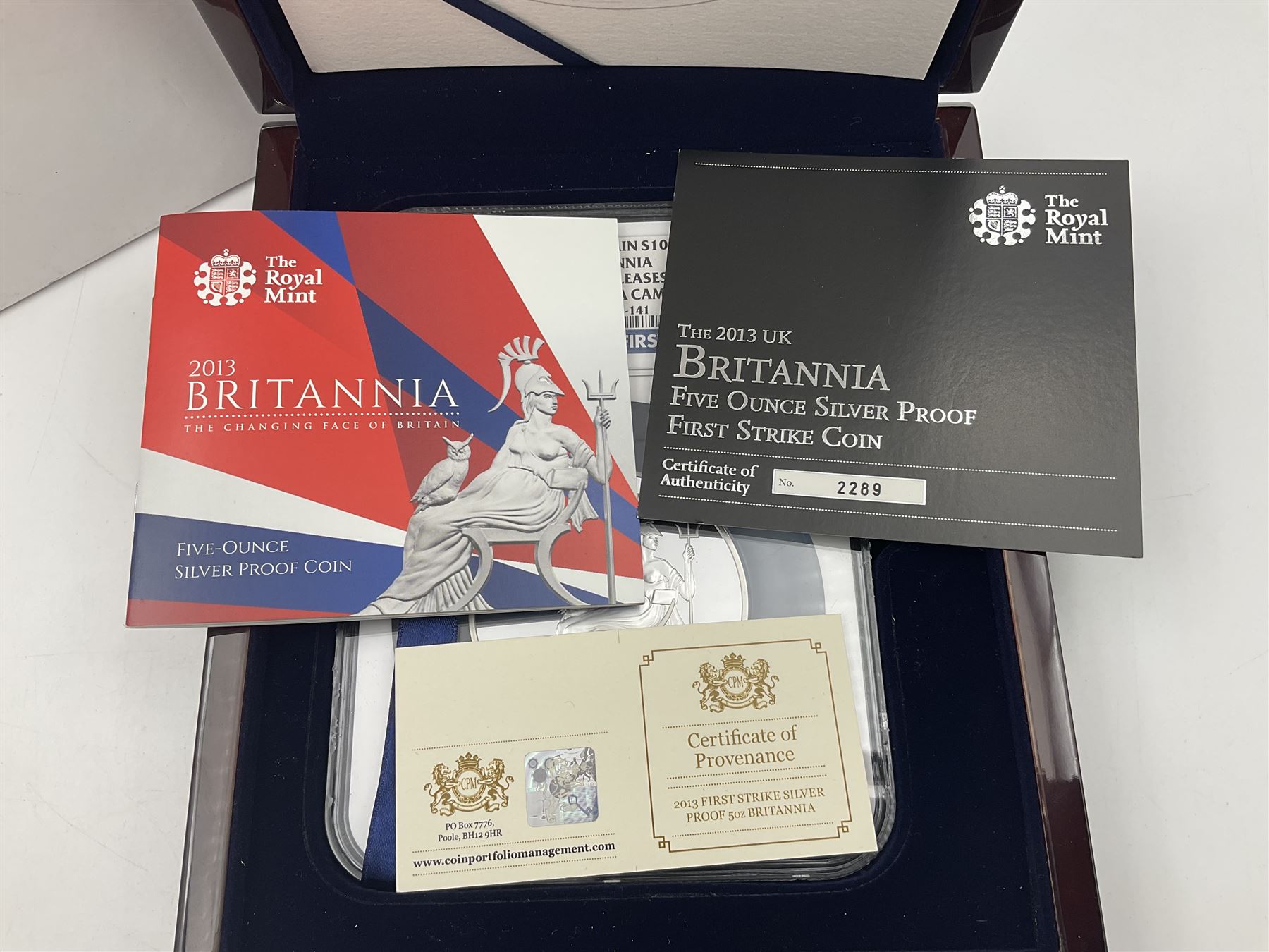 The Royal Mint United Kingdom 2013 'Britannia First Strike' five ounce fine silver proof coin, encapsulated and graded by NGC 'First Releases PF 69 Ultra Cameo', cased with certificates