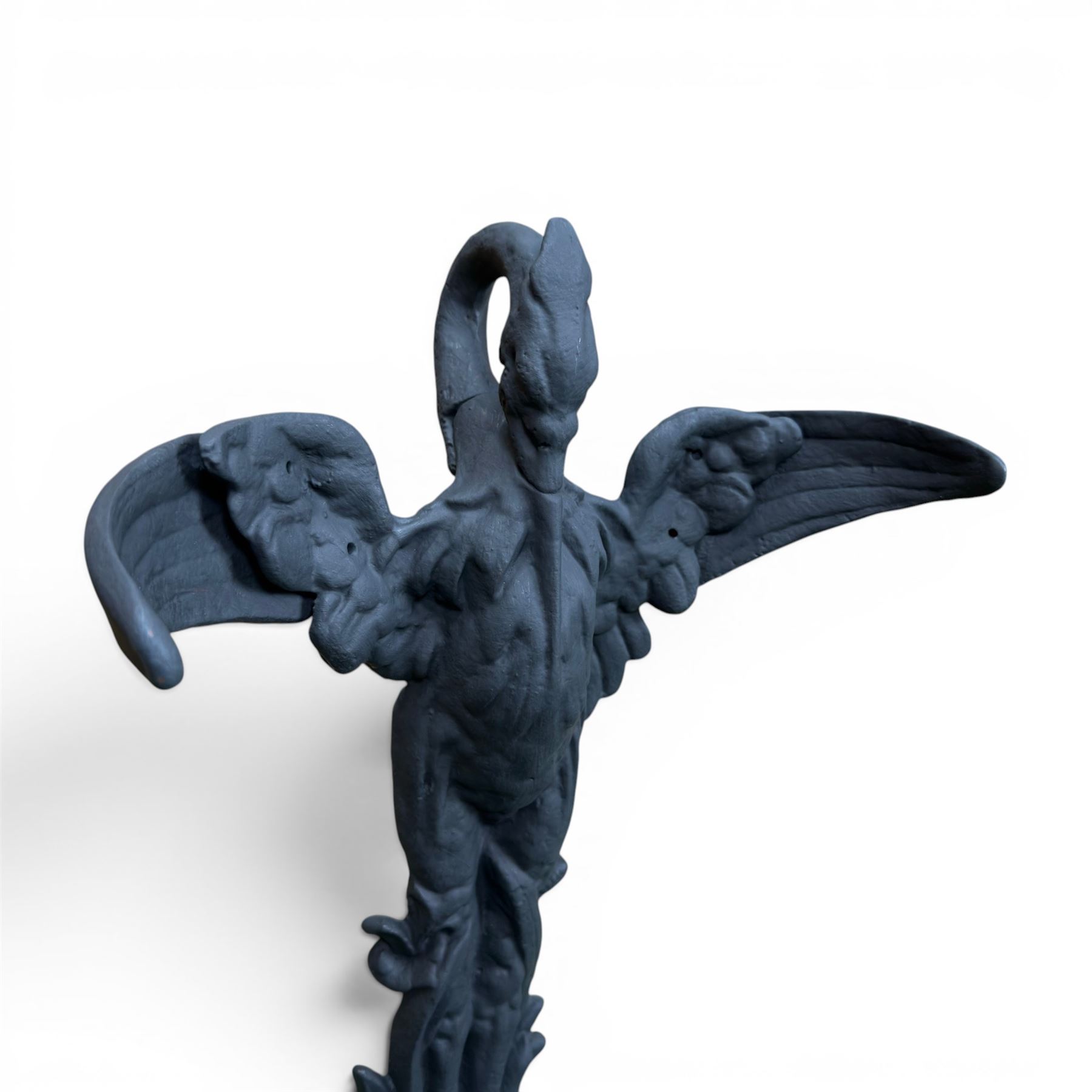 After Coalbrookdale cast iron heron stick stand, ornate detail with fish base, painted in matt black, 20th century