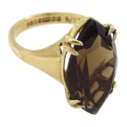 9ct gold single stone marquise smoky quartz ring, hallmarked 