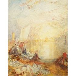 After Joseph Mallord William Turner (British 1775-1851): 'Sunset: A Fish Market on the Beach', watercolour on wove paper bearing signature, inscribed and signed verso 22cm x 17cm (unframed)