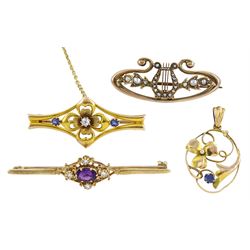 Edwardian 15ct gold diamond and sapphire flower bar brooch, Chester 1901, 9ct gold amethyst and diamond bar brooch, London 1981, gold harp brooch and a sapphire pendant, both 9ct