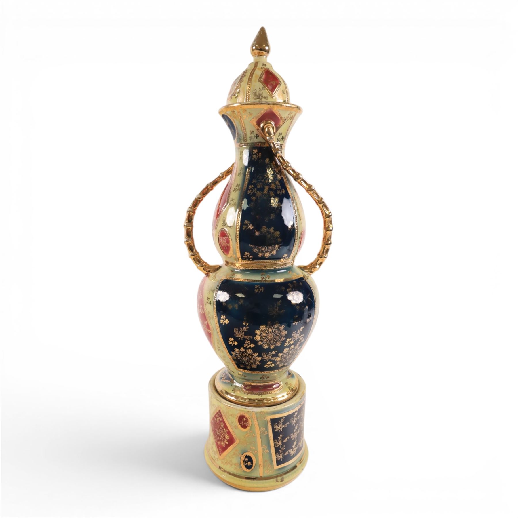 Large Royal Vienna covered urn, the central panels decorated with dancing figures and gilt detail, with twisted handles, H56cm