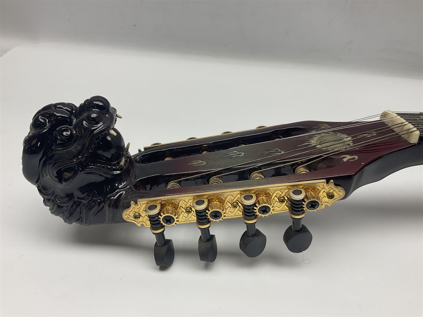 Chinese F-hole eight-string mandolin with sunburst finish, mother-of-pearl inlay of dragons chasing the flaming pearl and dragon carved headstock L71cm