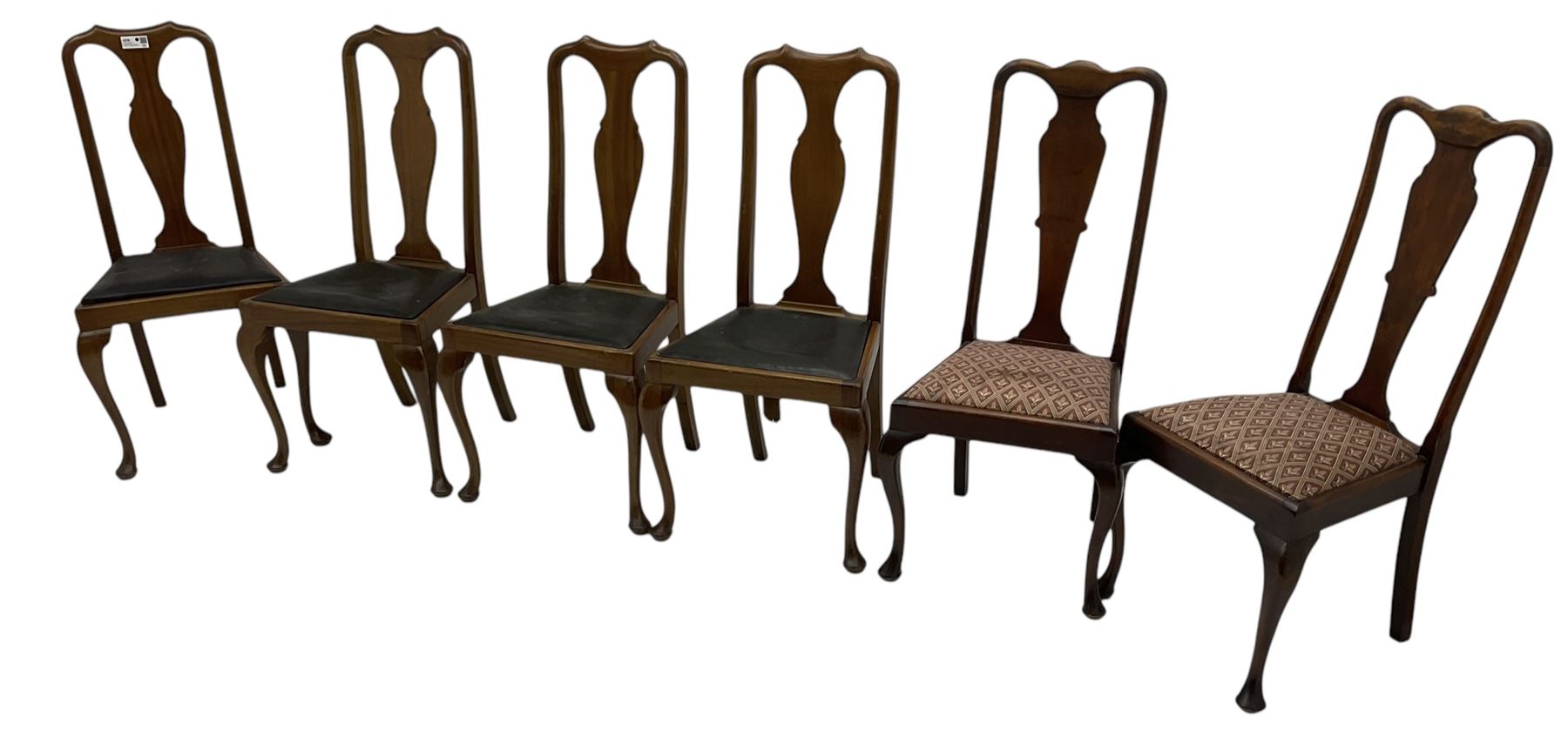 Matched set of fourteen early 20th century mahogany dining chairs, shaped cresting rail over shaped splat, upholstered drop-in seat, on cabriole front supports 