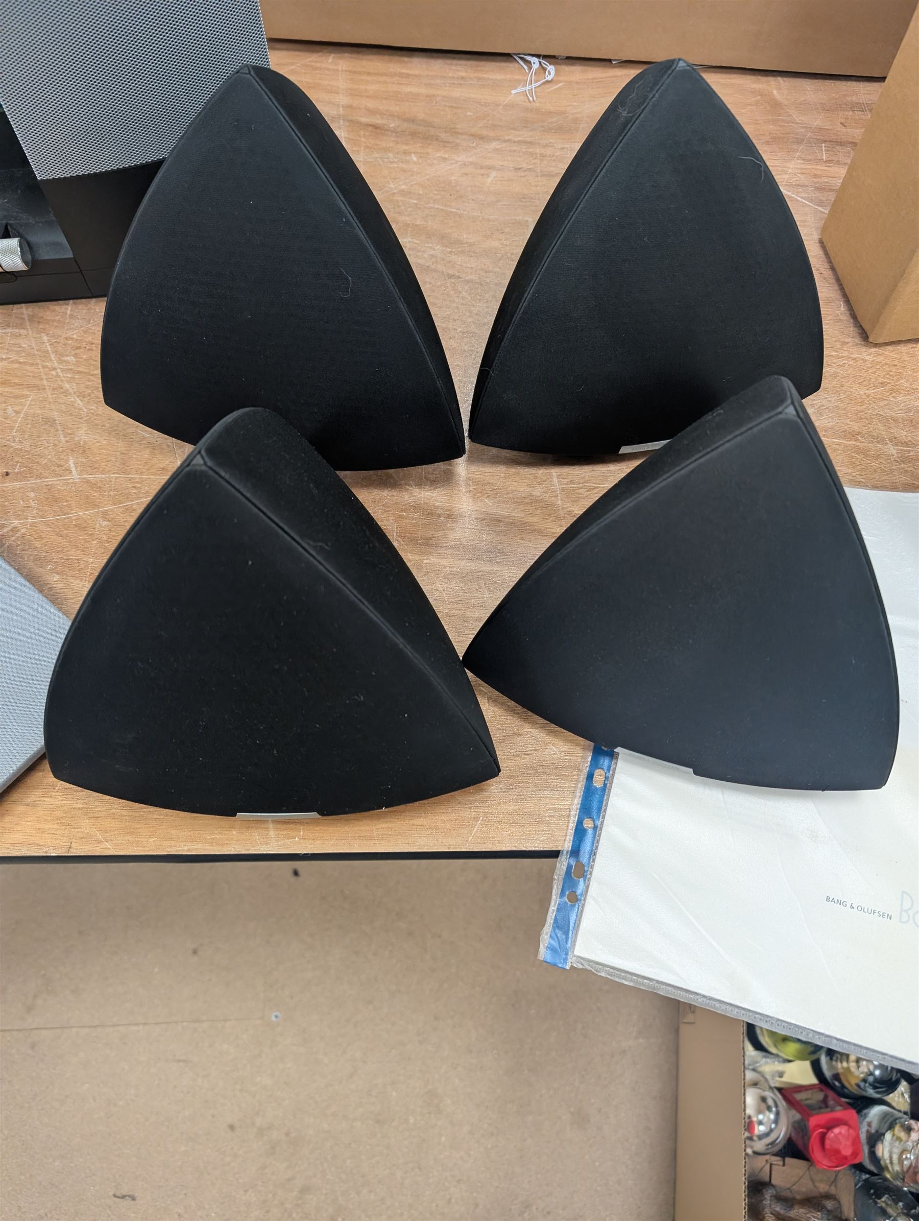 Four Bang & Olufsen Beolab pyramid speakers, Beolab 2000 speakers, two TV frets, phones, etc