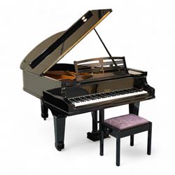 Feurich of Leipzig - German overstrung medium grand piano in a black lacquered case, with a seven octave M&K of Leipzig roller action keyboard, original strings and tuning pins, new hammer heads and dampers, with sostenuto and sustain pedals, adjustable music desk and matching adjustable stool.