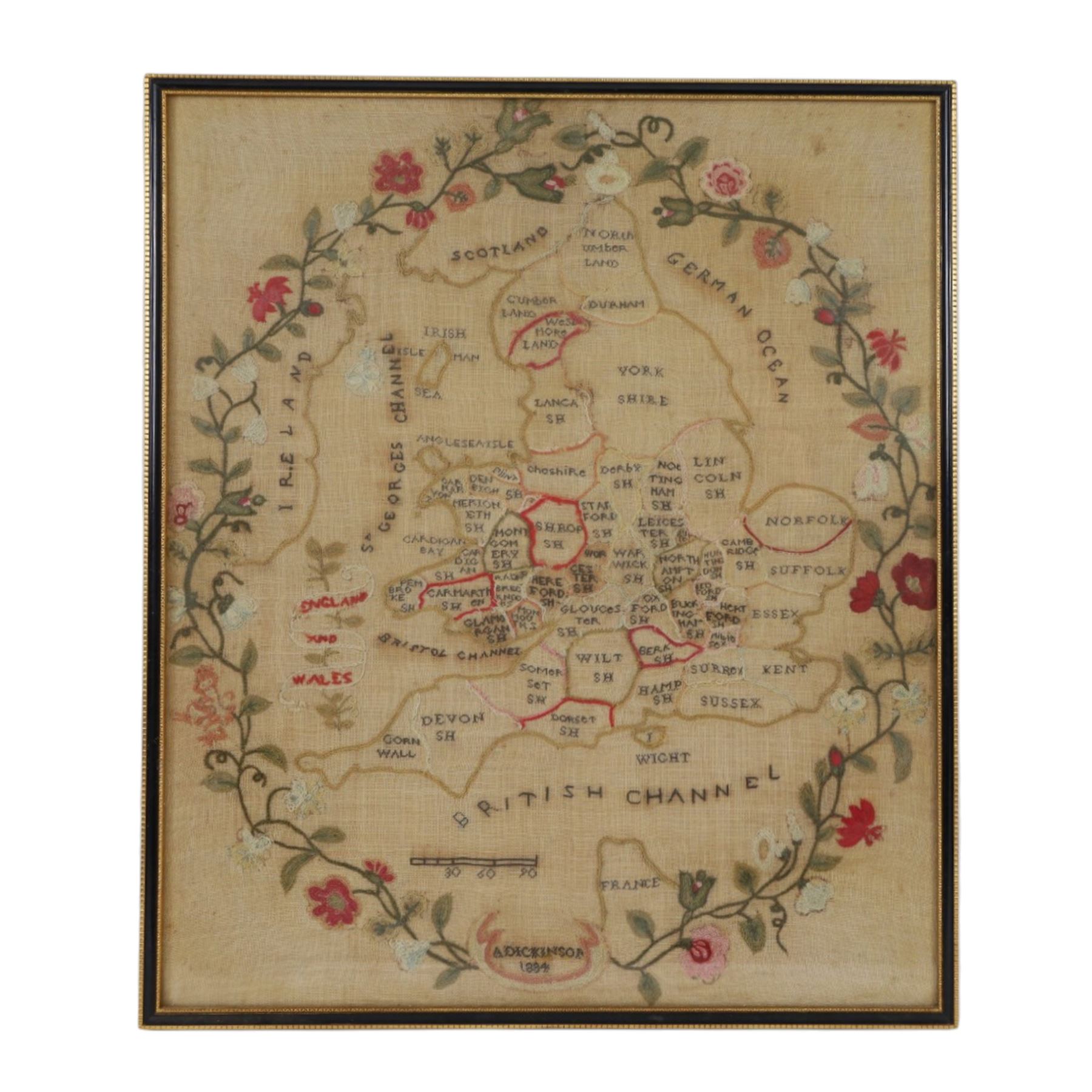 Victorian sampler, 1884, of the British Isles within a floral garland, by A Dickinson, H52cm, W45cm