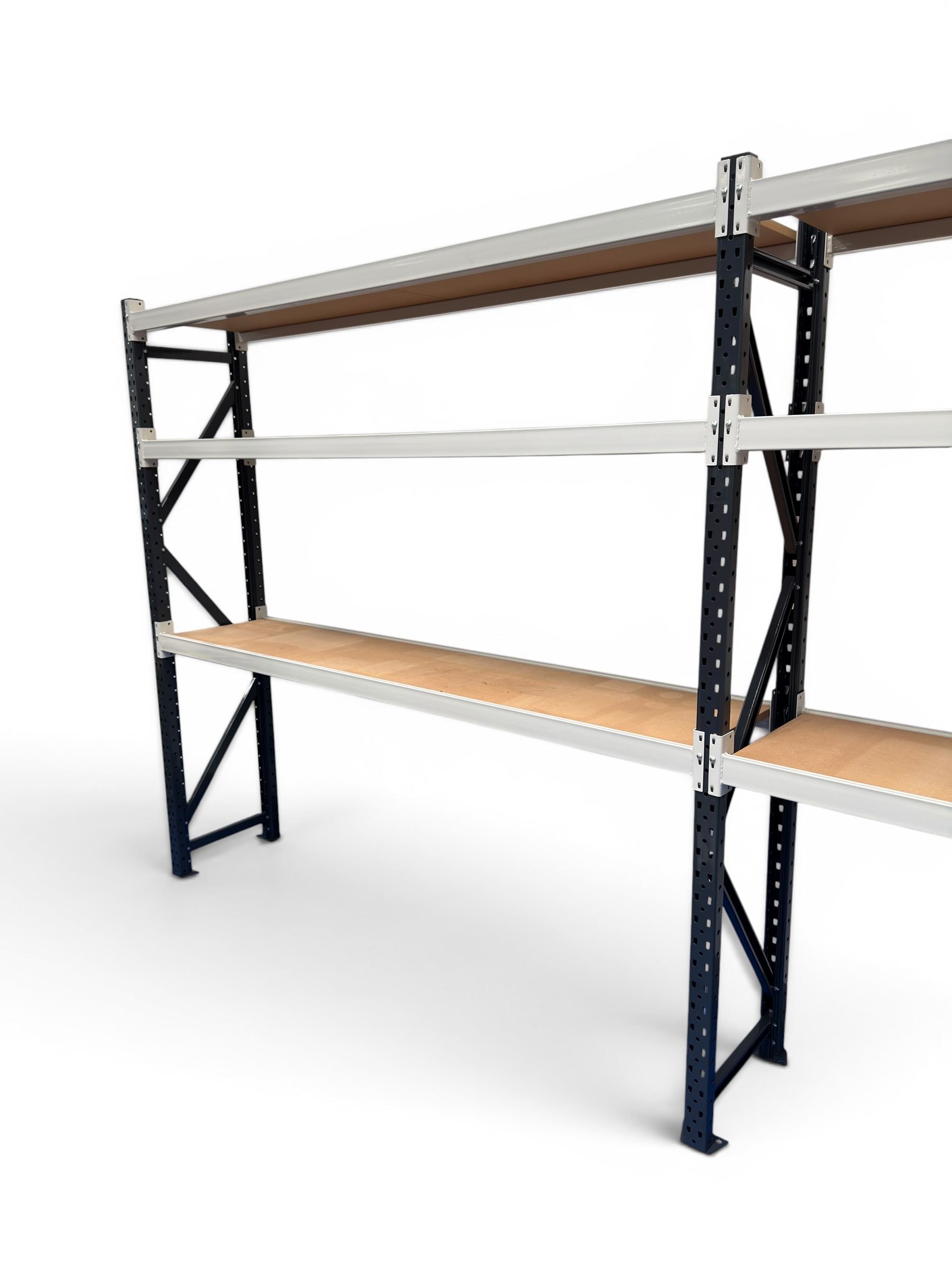 Two bays of Constructor warehouse racking with MDF boards