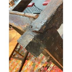 18th century oak dresser base, moulded rectangular top over two drawers and shaped apron, moulded drawer fronts fitted with shaped brass handle plates and swan neck handles, on chamfered square supports united by pot board base 