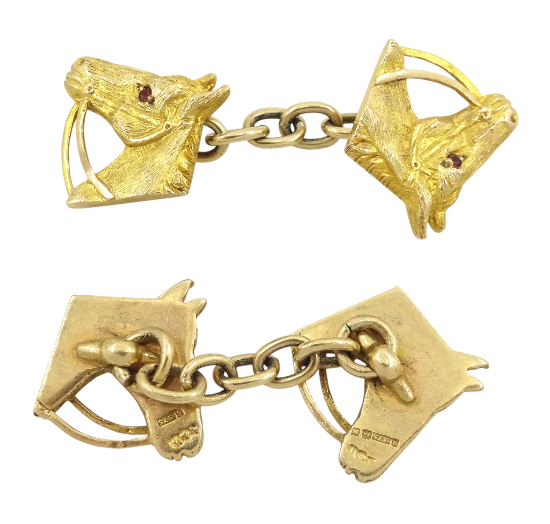 Pair of 9ct gold horse's head cufflinks, set with garnet eyes by Alabaster & Wilson, Birmingham 1961