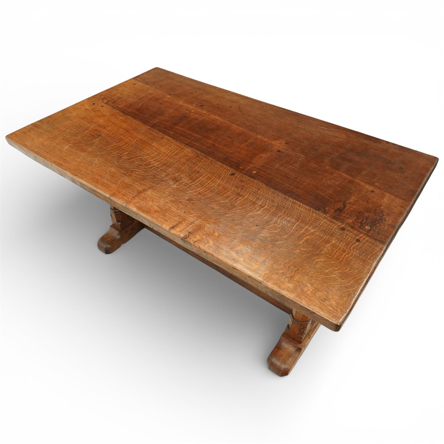 Mouseman - 1937 refectory table, Sir Herbert Baker commission for Westminster Church House, the rectangular adzed plank top above twin octagonal baluster supports united by a pegged stretcher, raised on shaped sled bases carved with a partridge and a loaf of bread, with carved mouse signature to inside leg, by Robert Thompson of Kilburn

The carved loaves reference the original patron, while the partridges are thought to represent Frank Partridge, Bishop of Portsmouth from 1877 to 1941, who played a key role in the founding of Church House and served as its Secretary from 1936 until 1941

Reference
Christie’s ROBERT “MOUSEMAN” THOMPSON; Refectory Table, Lot 188, sold at Christie’s London, commissioned by Sir Herbert Baker KCIE, RA, architect of Church House (opened 1937). Provenance and description available on the Christie’s website
https://www.christies.com/en/lot/lot-4618786