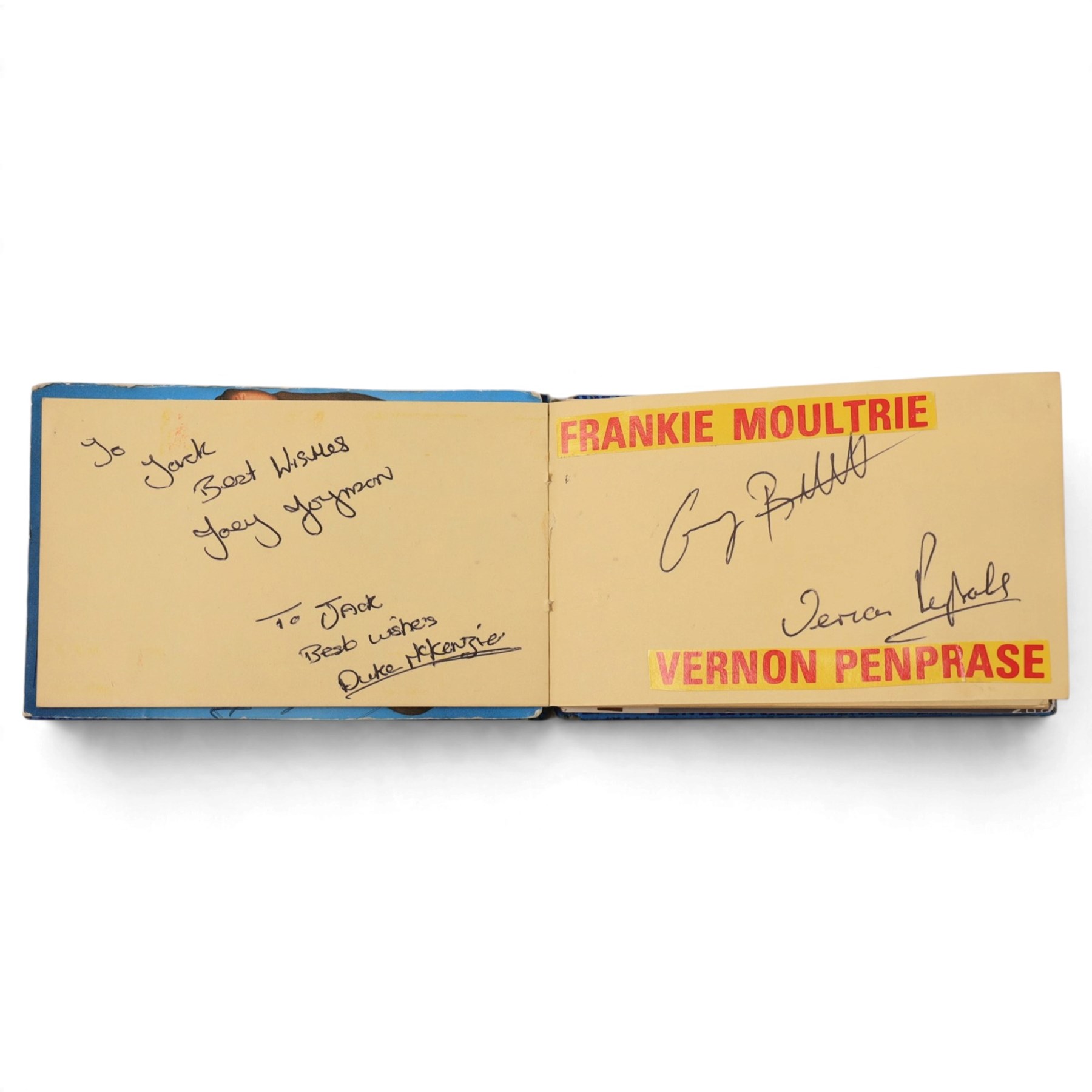 1980s boxing autograph book and photograph album, the album containing a collection of black and white photographs, mostly of British lightweight champion George Feeney, the photograph album with thirty-two signatures including Ray 