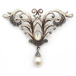  Silver pearl and marcasite brooch, stamped 925  