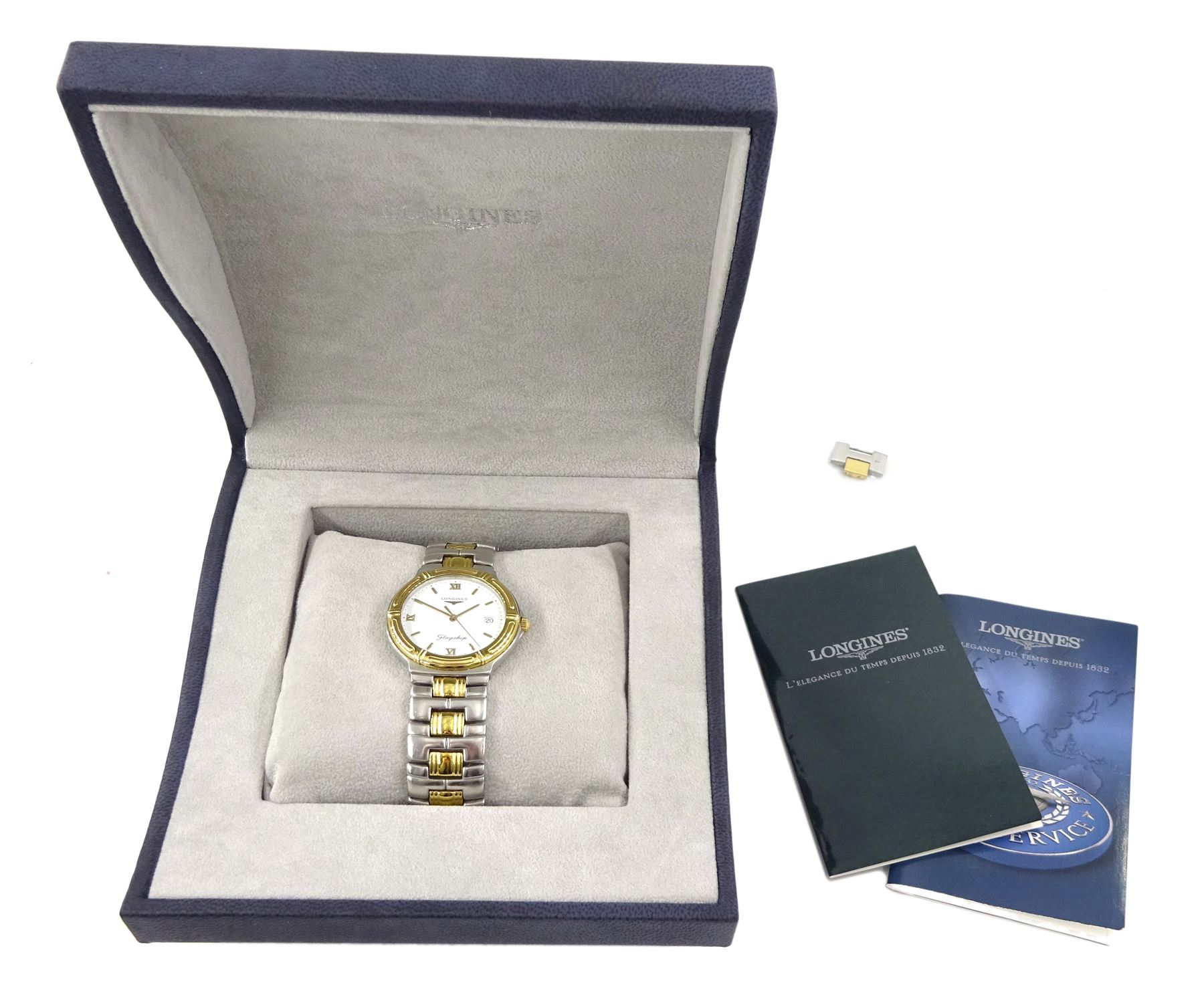 Longinges Flagship quartz two tone stainless steel bracelet wristwatch No. L5 651 3, with date aperture, boxed with papers and additional link