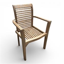 Set of four teak high back slatted garden chairs
