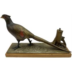 Austrian cold painted spelter table lighter modelled as a pheasant beside a tree stump, on rectangular oak plinth, L31.5cm x H21cm 