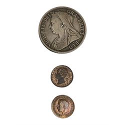 Queen Victoria 1881 one third farthing, 1889 hafcrown, King George V 1913 one third farthing, 1935 crown coin, Queen Elizabeth II 1953 unofficial nine coin set, The Royal Mint 1970 proof coin set in card folder with certificate and three 1986 two pound coins