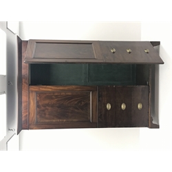 George III figured mahogany press cupboard, projecting cornice over two panelled doors with faux drawers, on bracket feet, H210cm, D69cm, W140cm (fully flat packed)