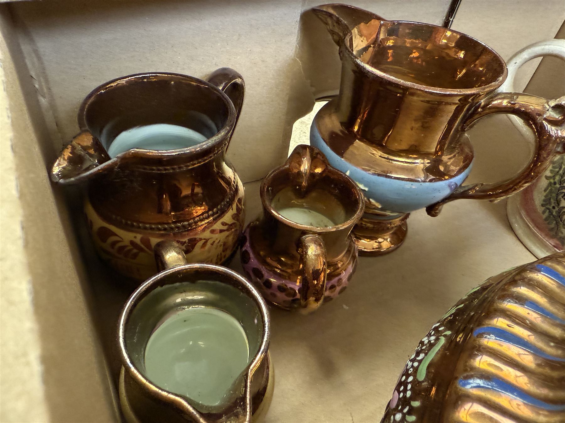 19th century and later ceramics, including Sunderland lustre mug, with agricultural scene and quote, together with lustre teapot and jugs, bowl with silver rim, Sampson dish, English blue and white tea bowls and saucers, blue and white tile, etc