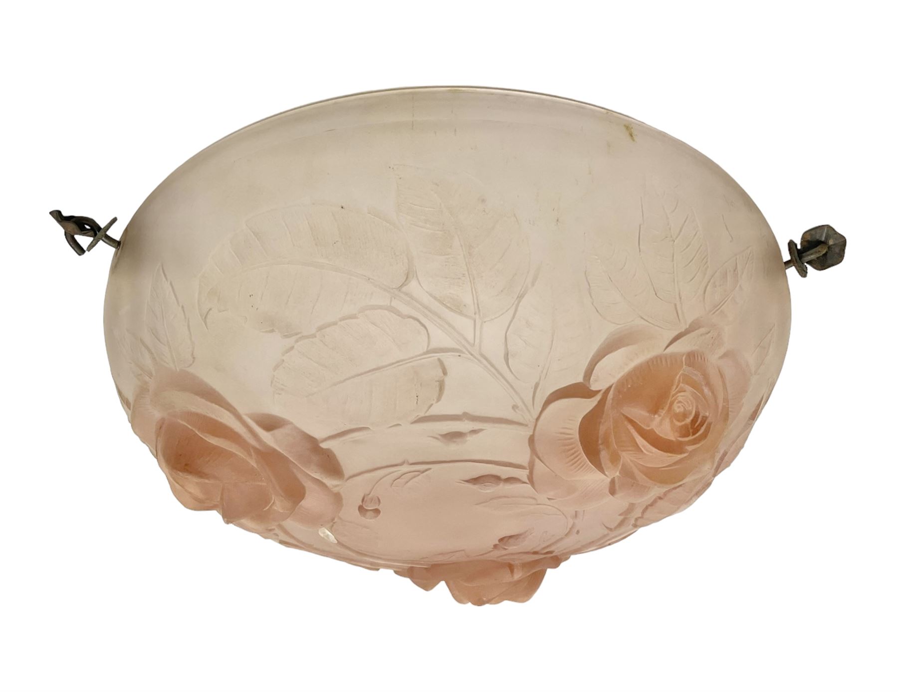 1930s pink frosted glass ceiling light shade, decorated with roses, D