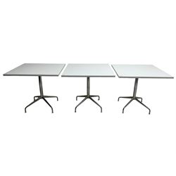 Set five contemporary white finish tables, square top raised on chrome pedestal with quadruped base (5) 