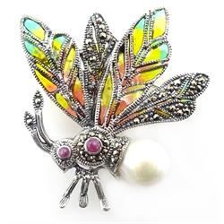  Plique-a-jour, marcasite, pearl and stone set flying insect silver brooch, stamped 925  
