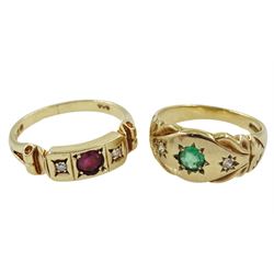 Two 9ct gold gypsy stone set rings, one set with garnet and diamonds, the other set with emerald and diamonds, both hallmarked
