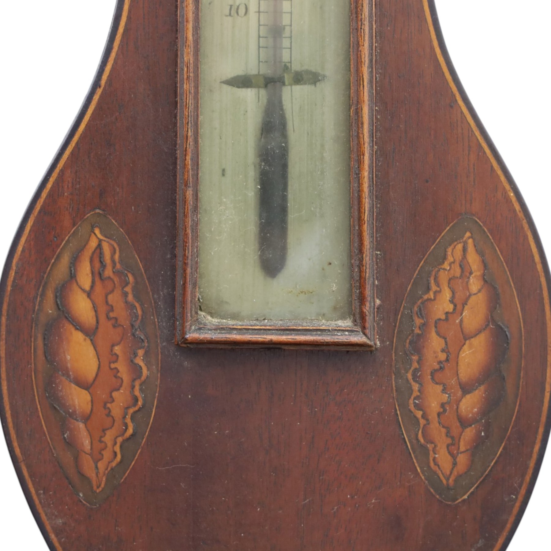 Three wheel barometers, a mother of pearl inlaid mahogany case, swan neck pediment, thermometer and circular dial, H 92cm, the second Sheraton Revival style with floral inlay, swan neck pediment, thermometer and circular dial, H 102cm, the third Sheraton Revival style, H 95cm (3)