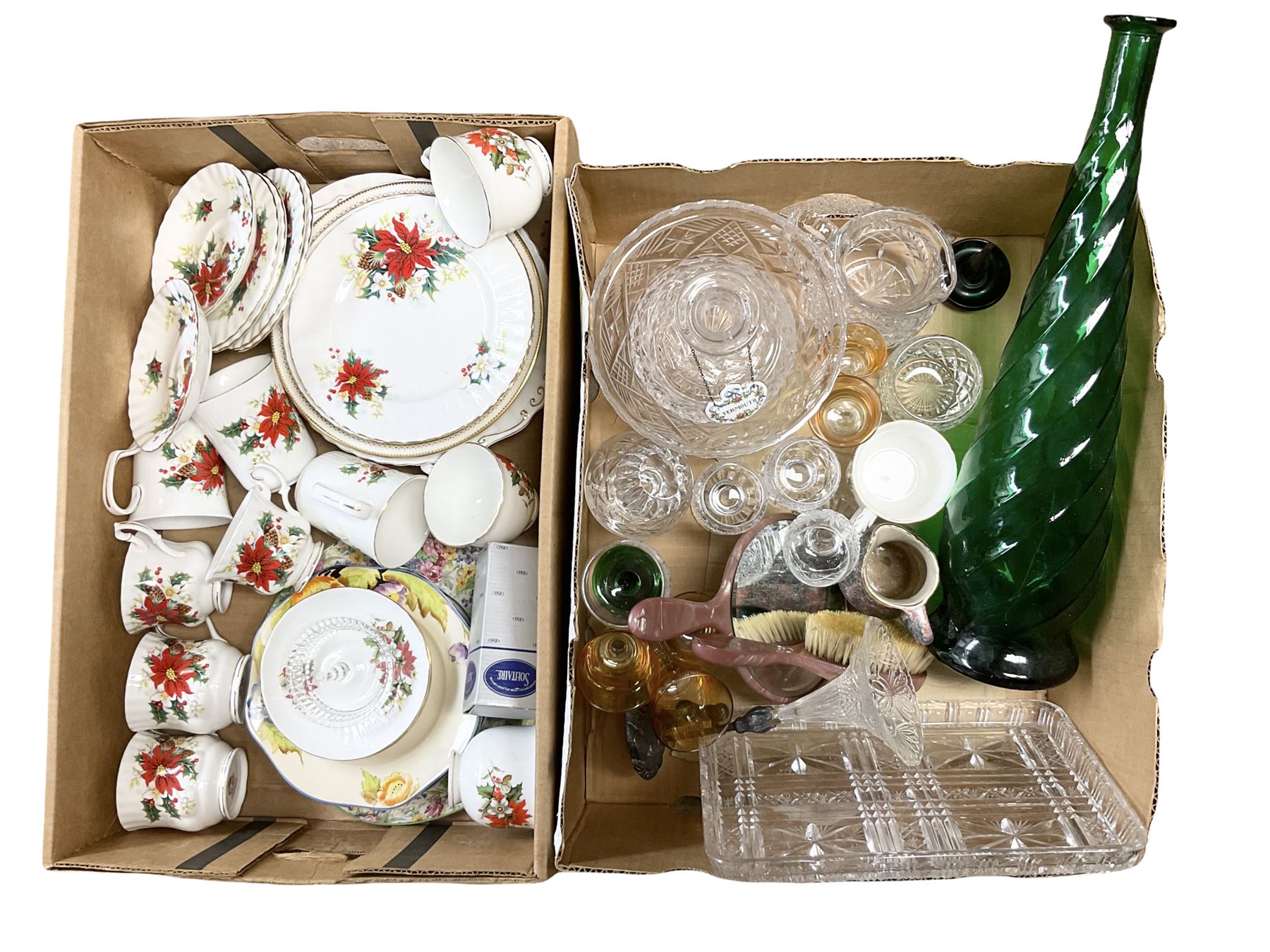 Royal Albert Poinsettia pattern part tea service, including tea cups, mugs, dessert plates, cake plate, together with James Kent plates, Crown Staffordshire Vermouth ceramic decanter label, glassware etc, two boxes 