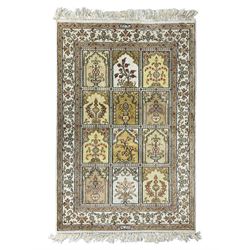 Finely knotted silk on silk ivory ground runner (L185cm,  W76cm), overall floral design together with a prayer rug (L94cm, W63cm)