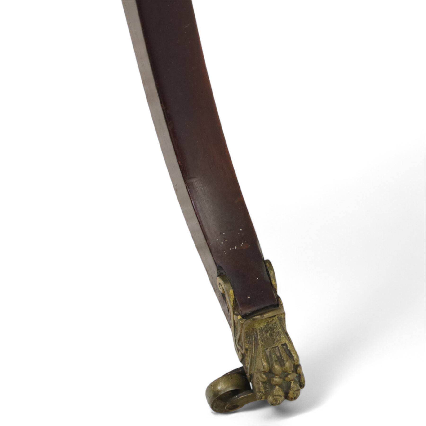 Early 20th century walnut chess table, square checkered veneered top with crossbanded edge, raise on a turned column based with acanthus craving, on three outswept legs terminating in brass paw caps above castors