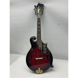 Eastern eight-string mandolin with red sunburst finish and mother-of-pearl inlay of eagles, clouds, trees etc L86cm; in fitted hard carrying case