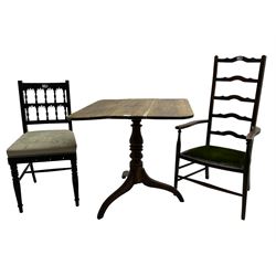 19th century beech open armchair with ladder back and upholstered seat (50cm x 43cm x 103cm); pine tilt-top tripod table with turned support (75cm x 71cm x 71cm); late Victorian ebonised dining chair with spindle-back and upholstered seat on turned front supports (41cm x 40cm x 82cm)