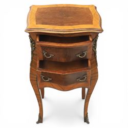 Louis XV style kingwood bedside chest, shaped and crossbanded top above two bombe drawers with cast brass handles, the sides applied with ormolu mounts, on slender cabriole legs terminating in metal sabots