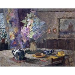 William J Mann (Scarborough early 20th century): The Breakfast Table, oil on board signed 47cm x 59cm 
Notes: Mann was a member of the Fylingdales Group of Artists and lived in Newby, Scarborough.