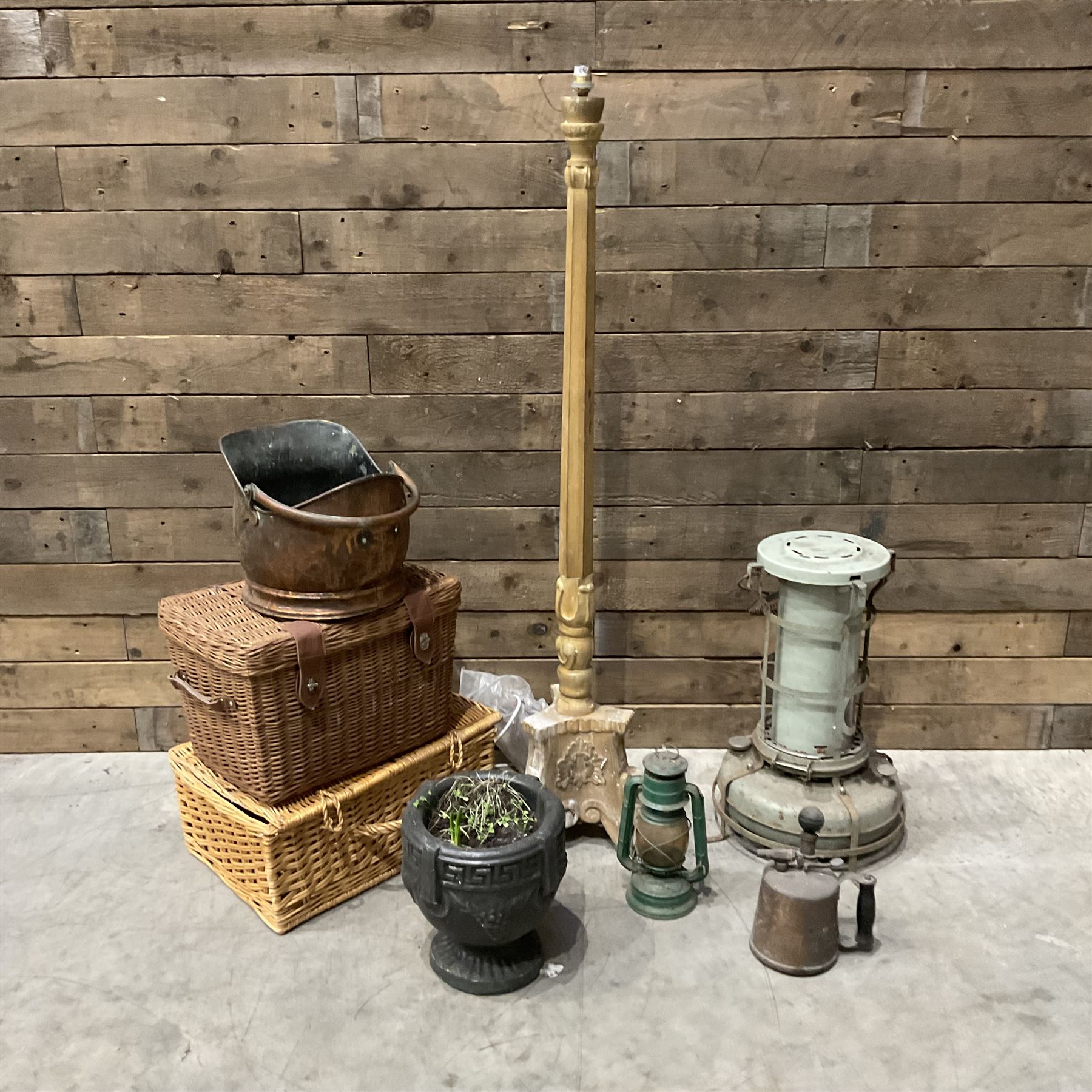 Aladdin paraffin lamp, lamp and burner, coal scuttle, painted standard lamp, stone mortar planter and two wicker baskets